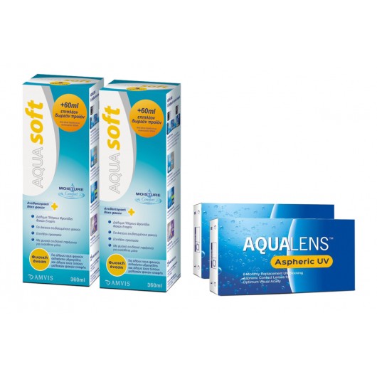 AQUALENS ASPHERIC UV 6+6 ΤΕΜΑΧΙΑ + AQUASOFT 360ml+360ml - Sauflon